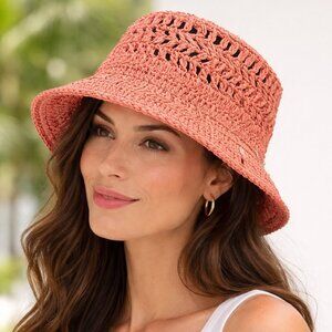 NWT Aerie Coral Straw Bucket Hat Boho Summer Sun Hat